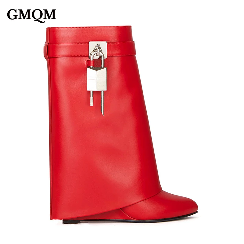GMQM Genuine Leather Fashion Women\'s Mid-Calf Boots Platform Wedges Shark Lock Luxury Shoes Short Boots High Heels Pointed Toe