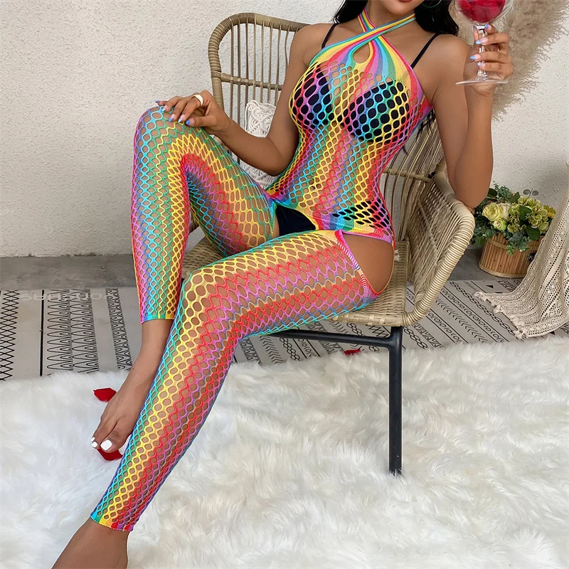 Sexy Lingerie Bodysuit Underwear Women Bodystockings Fishnet Crotchless Mesh Tights Erotic Babydoll Rainbow Sex Costumes