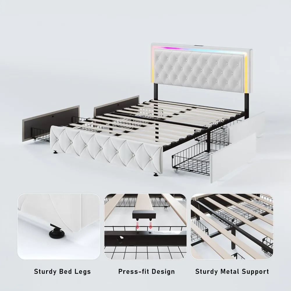 Full Size Bed Frame with Storage - Bed Frame Full with 4 Drawers on Wheel Fast Charging Station, Bed Frame with Adjustable LED