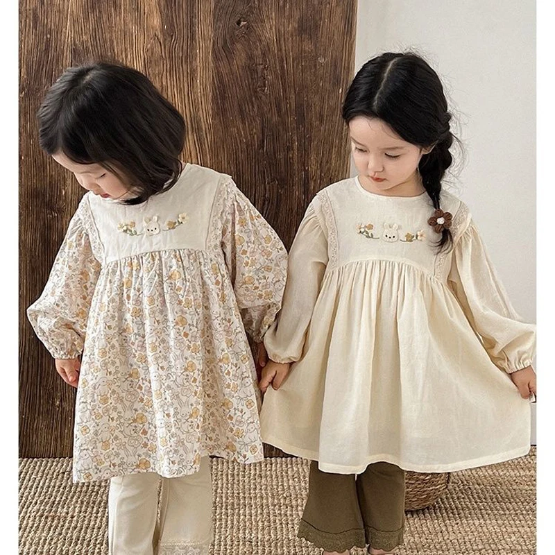 Autumn Spring Baby Girls Cotton A-line Embroidered Flower Dresses  Children Casual Clothes Cute Cartoon Soft Comfort Kids Skirt