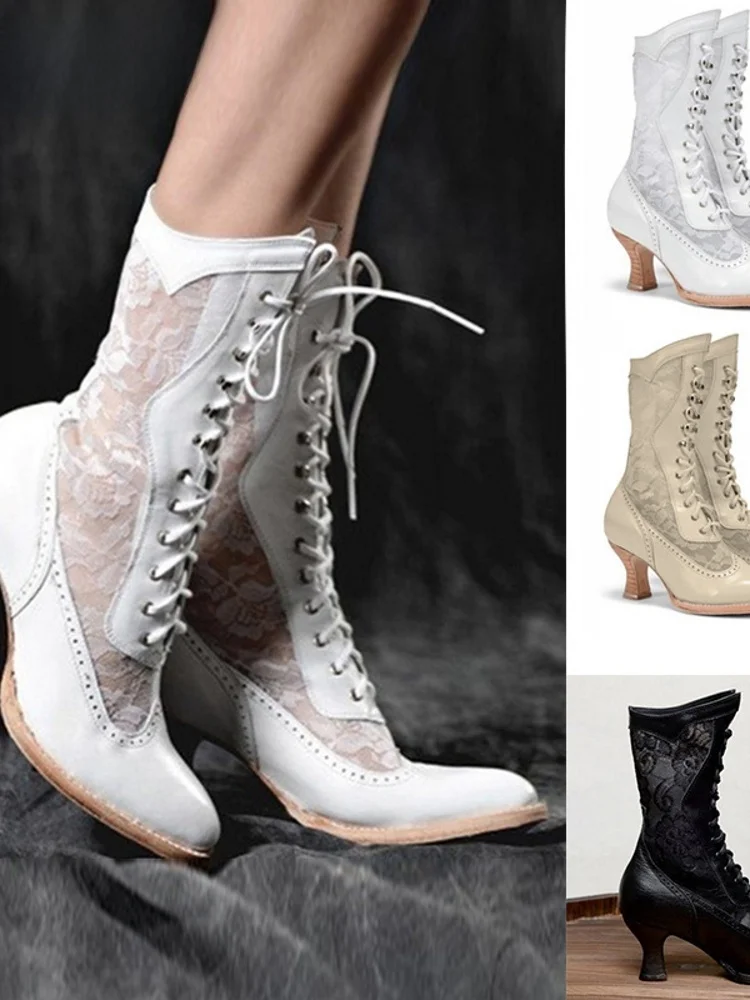 

Ladies Mid-Cut Faion Boots Lace Splicing Pointed Toe Medium Heel Autumn Winter Briti Sle oes Net Cloth up Rubber Sole