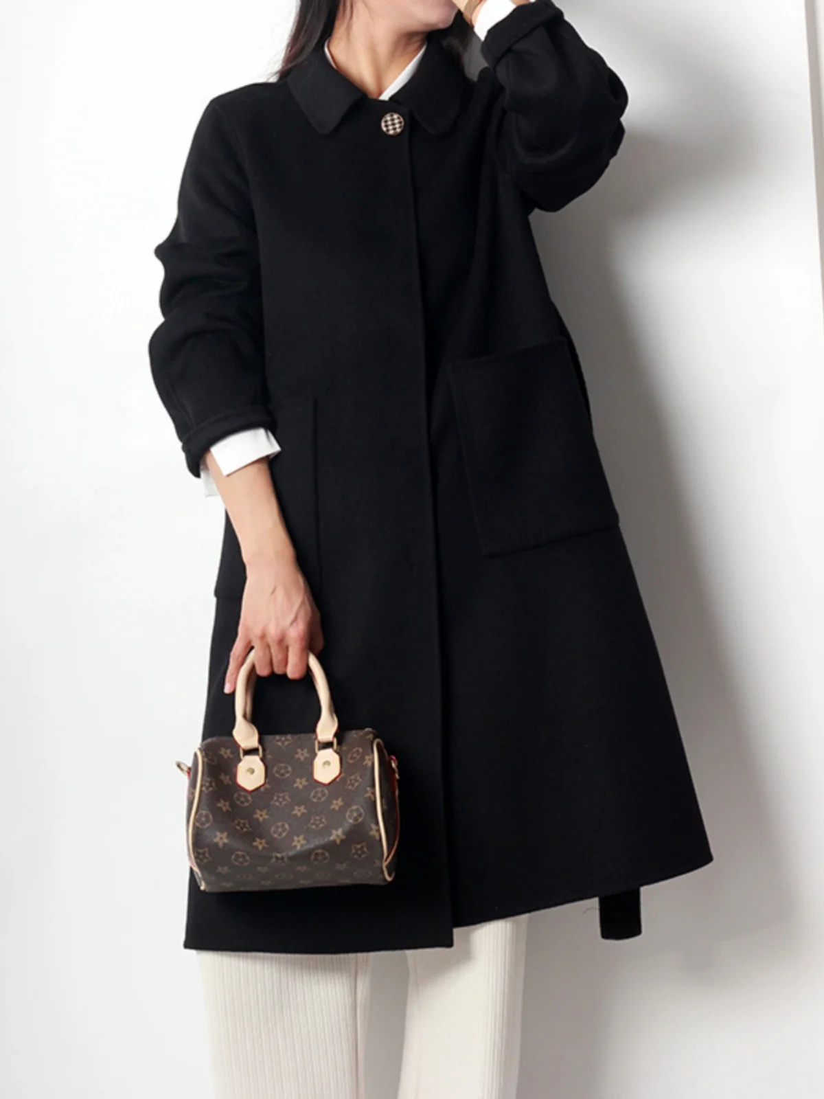 

Двустороннее шерстяное пальто Ele для полных женщин, зимняя верхняя одежда, с высокой талией, длинный рукав