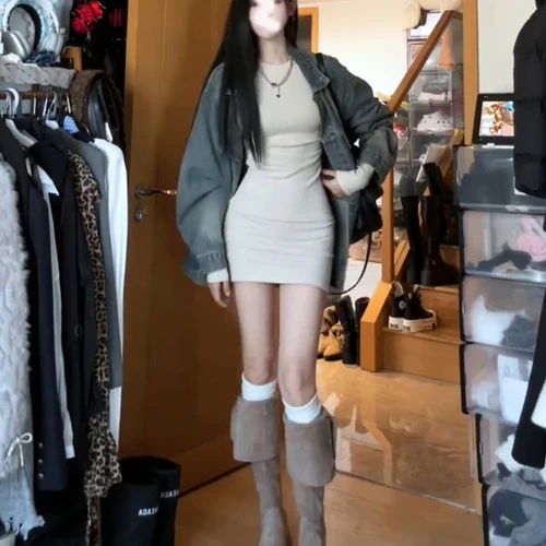 섹시한 스커트 A라인 블랙 A라인 반소매 높은 허리 긴 소매 단색 슬림핏 여성용 가을 겨울 섹시한 스타일리시한 스커트 원피스 드레스 스커트