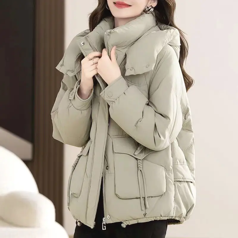 

Women Parkas Coats Solid Jackets Short Zipper Pocket Drawstring Long Sleeves Hooded Thick Loose Fit Casual 2025 Autumn Winter