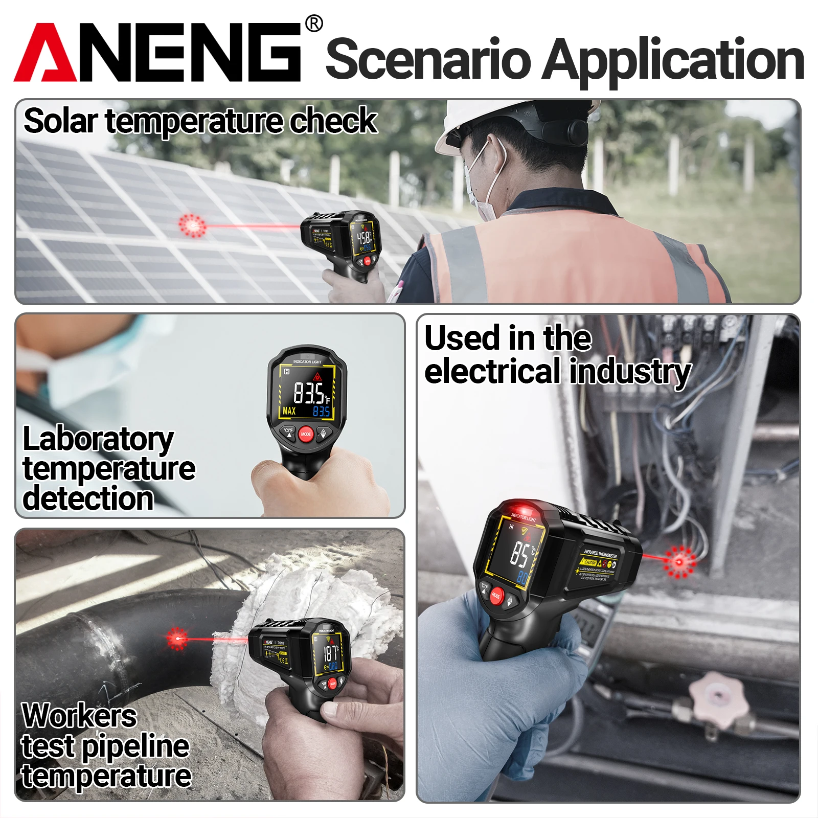 ANENG TH203 Infrared Thermometer -50~600℃/1112℉ 12:1 D:S Ratio with Adjustable Emissivity High Low Temp Alarm Laser Positioning