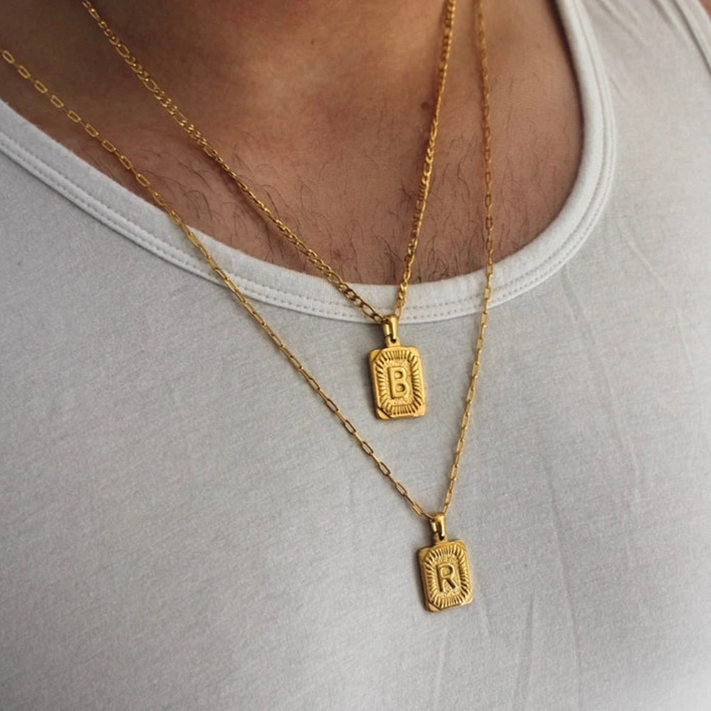 Vintage Rectangle Initial Letter Charm Necklaces A B C D E F G H I J K L M N O P Q R S T U V W X Y Z Alphabet Pendant Necklace