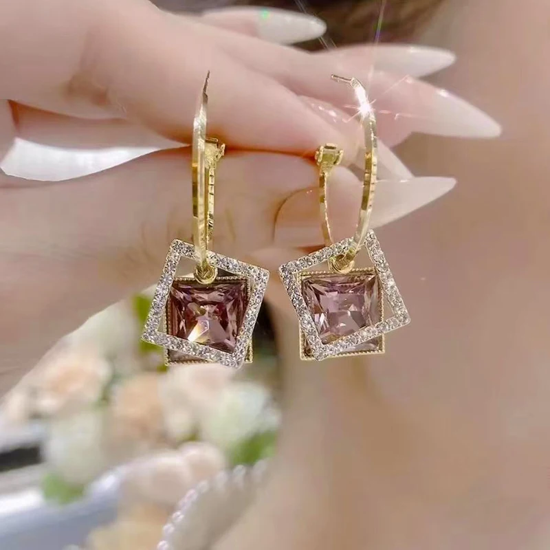 New Fashion Square Purple Crystal Pendant Gold Color Earrings for Women Simple Elegant Personality Girls Party Trendy Jewelry