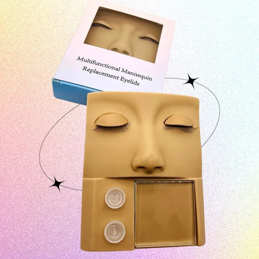 Eyelash Extension Training Flat Silicone Mannequin Model Head with Removable Replacement Eyelids Grafted Lashes Training Tools
