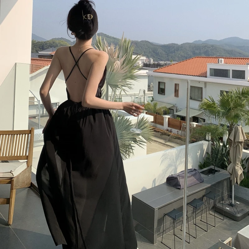 Elegant Black Long Bodycon Dress for Women Slim Sleeveless Fashion Backless Solid Party Evening Prom Dresses New Summer 2023