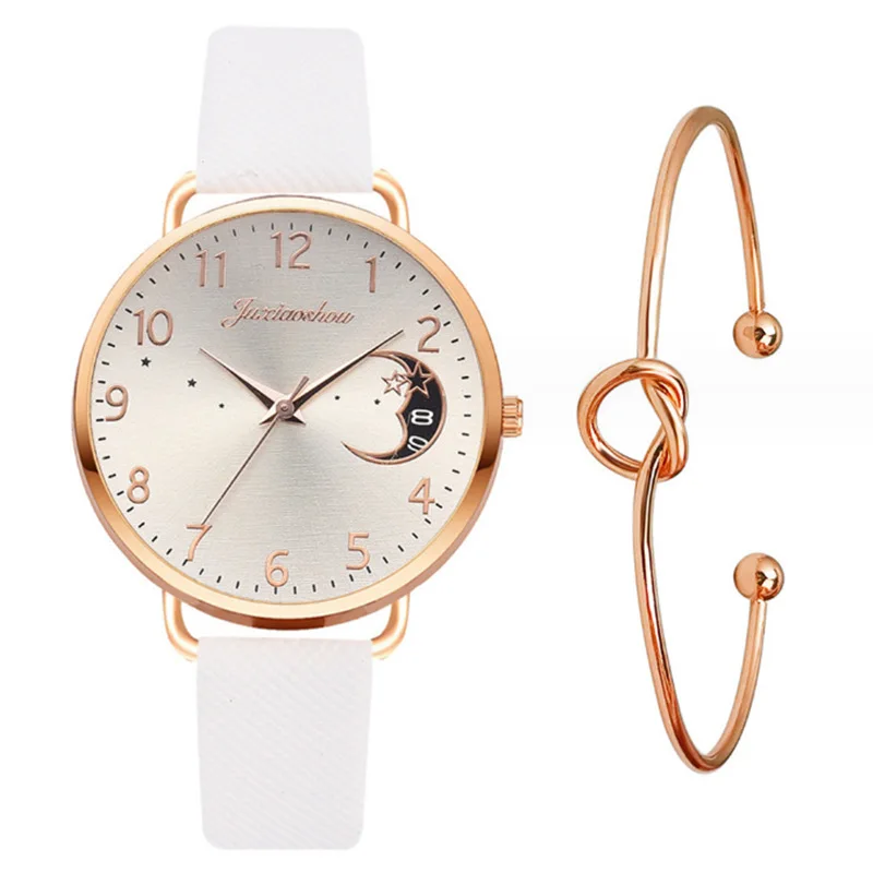 New Trendy Hot Goods Star Moon Pattern Women's Watch Minimalist Belt Student Bracelet Set Watch