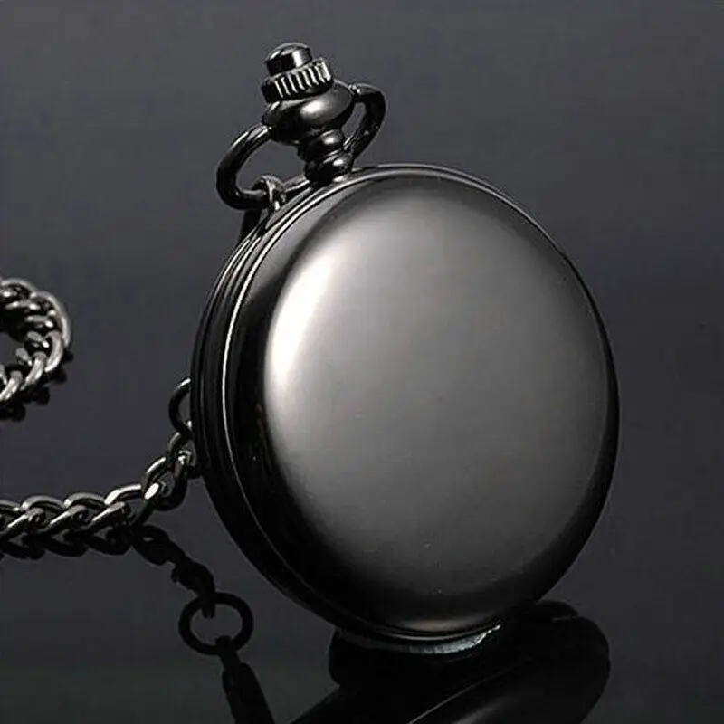 Black Smooth Steampunk Quartz Pocket Watch Pendant 30CM Chain Gift for Men Women