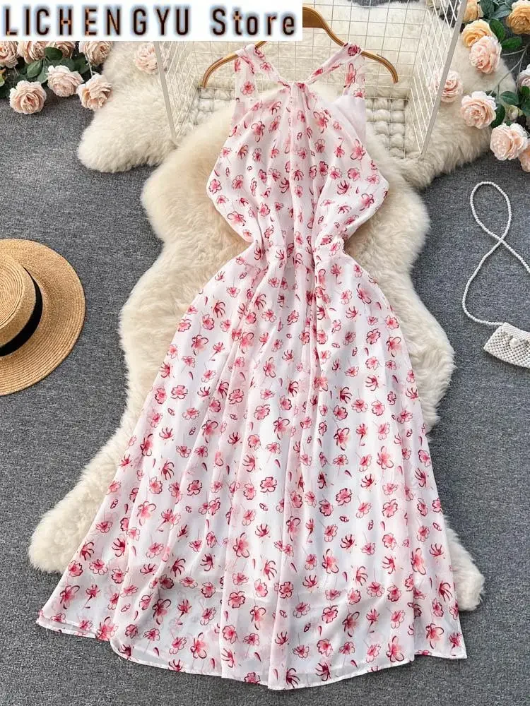 

New Split Strapless Halter Contrast Color Print High Waist Vestidos Sweet Style Women's Dress Winter Spring