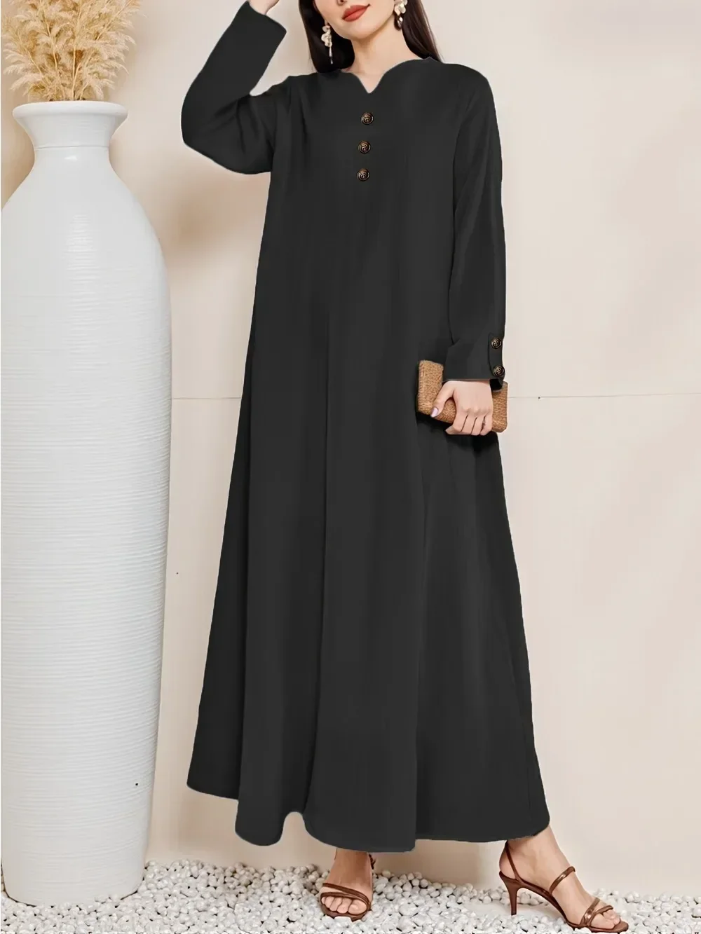 Eid Abito da donna Bottone autunnale Abaya Dubai Abiti musulmani Largos Abiti lunghi modesti Abito arabo Party Caftano Jalabiya Ramadan