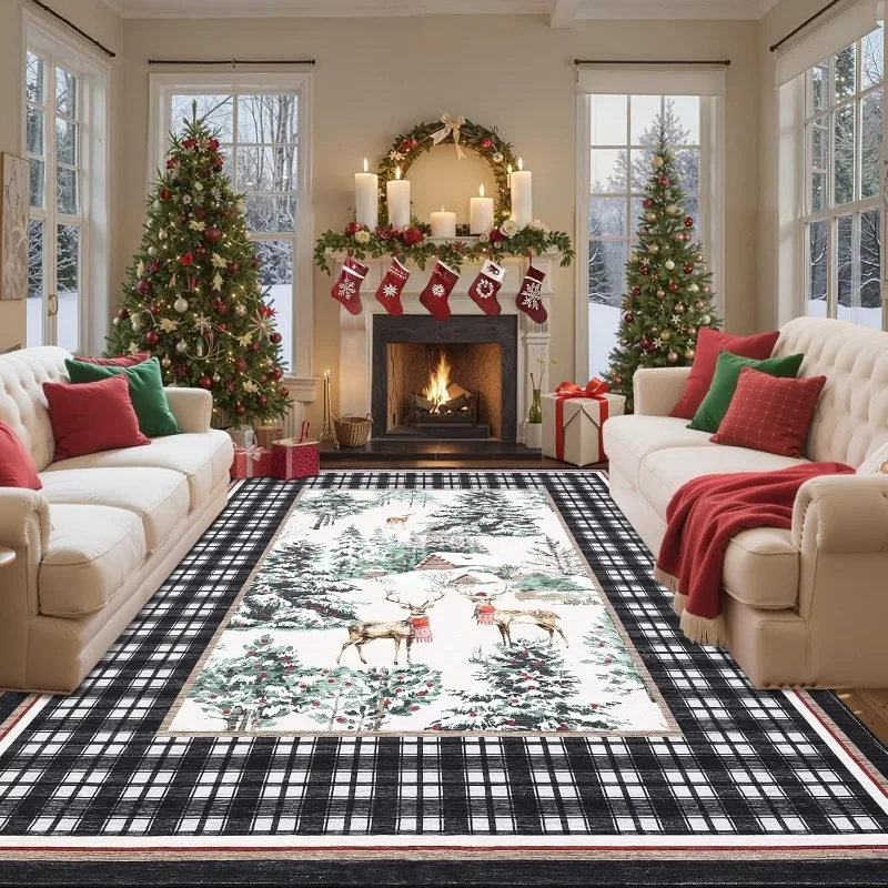 

Christmas Themed Living Room Carpet Creative Plaid Reindeer Print Bedroom Rugs Machine Washable Non-slip Soft Plush Sofa Mats 러그