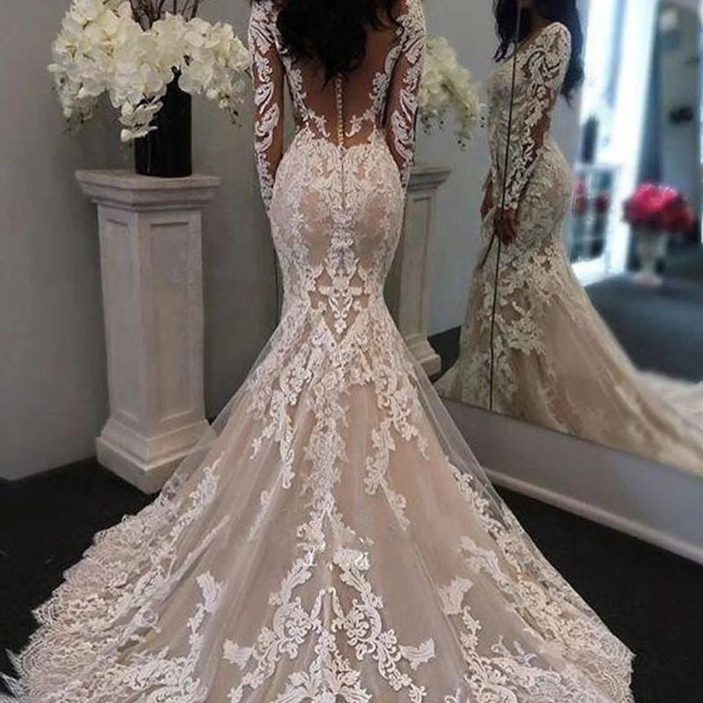 Wedding Dress Lace Mermaid Full Sleeve Party Dresses Wedding Dress 2024 Bride Bohemian Zipper Up Applique Wedding Dresss