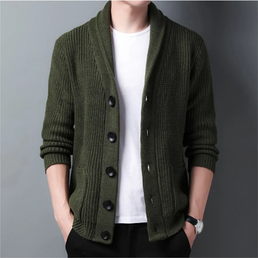 Army Green Cardigan Men Button-up Sweater Autumn Winter Knitted Coat Thick Warm Casual Solid Streetwear Men‘s Fashion Clothing