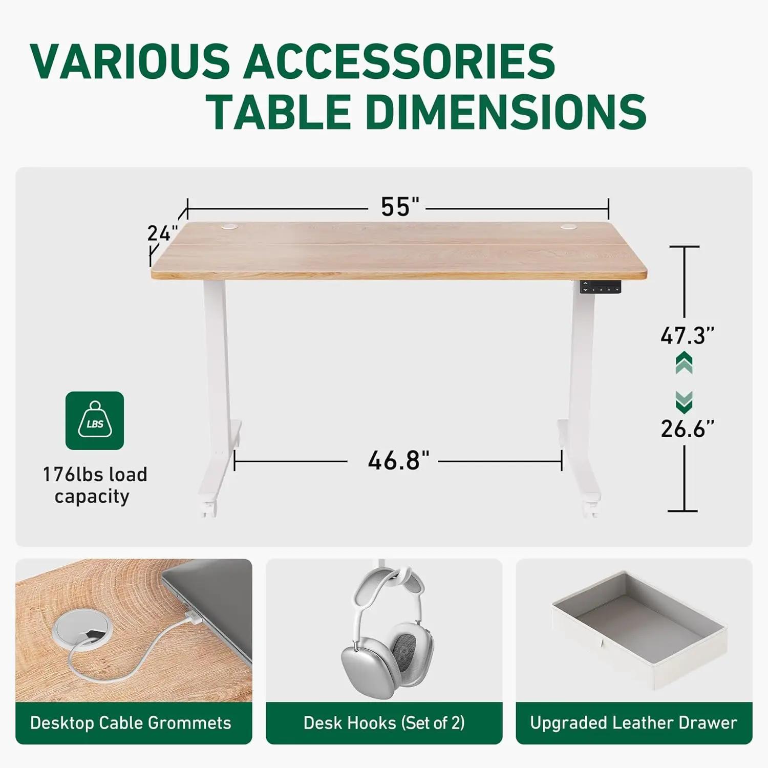 55 x 24 Inches Standing Desk with Drawer, Adjustable Height Electric Stand up Desk with Storage, Ergonomic Computer Desk, Maple