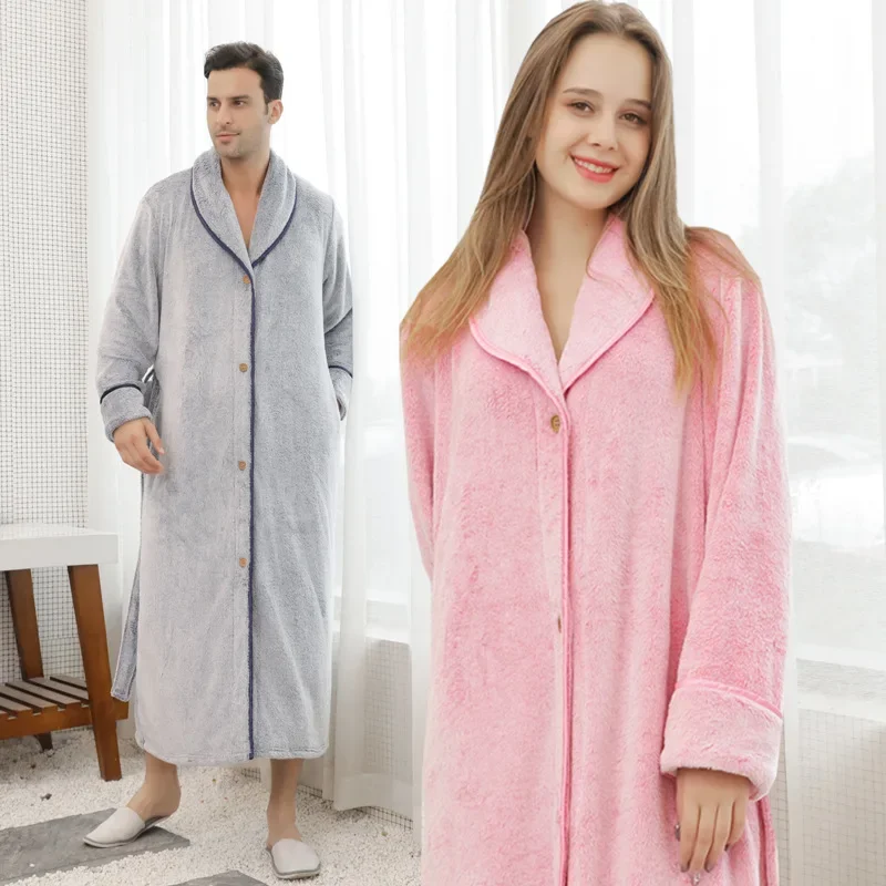 Couple Button Down Kimono Robes Male Warm Flannel Bathrobe Loungewear Casual Home Dressing Gown Soft Nightgown Loose Sleepwear