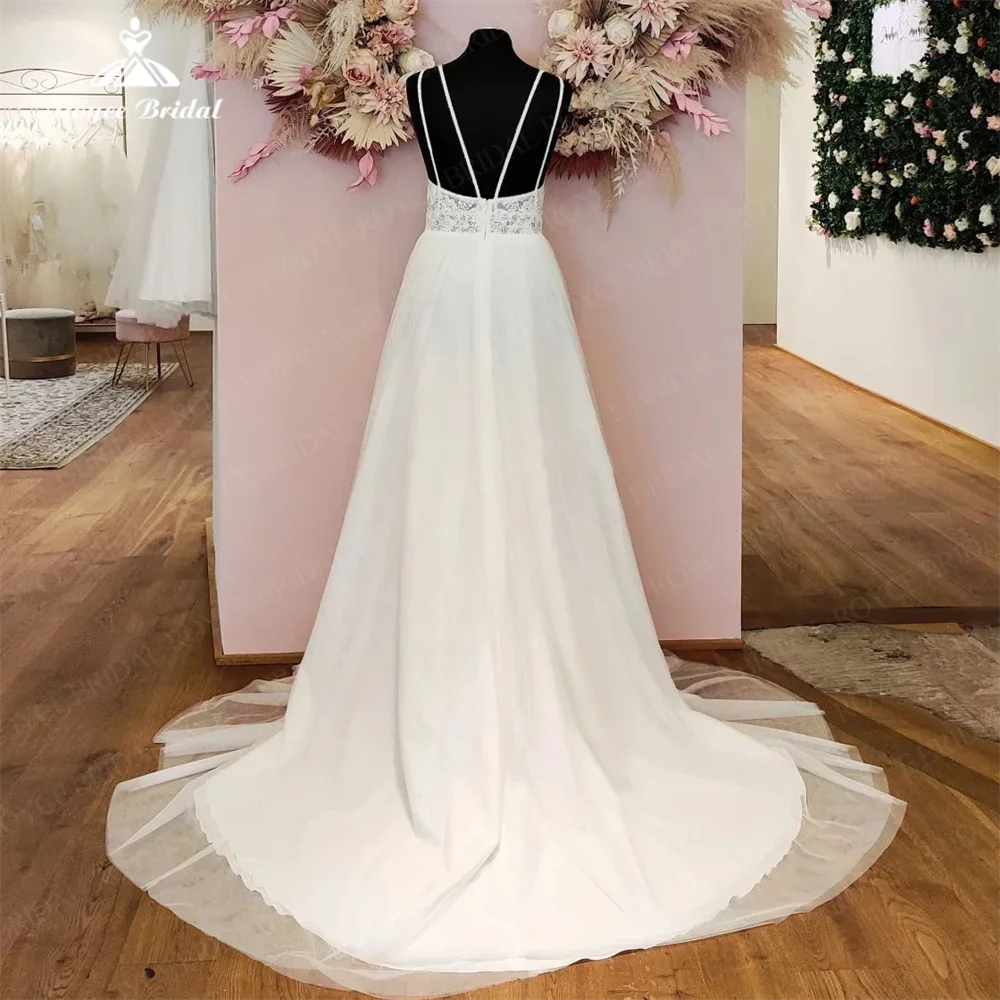 Roycebridal-ラインのウェディングドレス,チュール,レース,花柄,Vネック,特別なスパゲッティストラップ,ティアードボタン,バックコート,電車