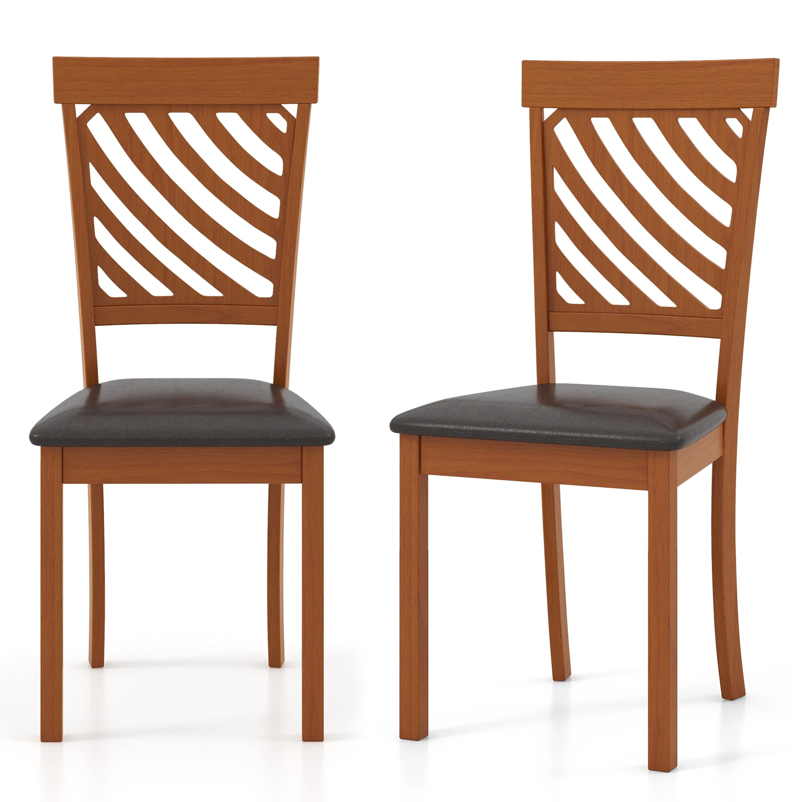 Faux Leather Upholstered Dining Chair Set of 2 w/ Rubber Wood Legs & Back Walnut