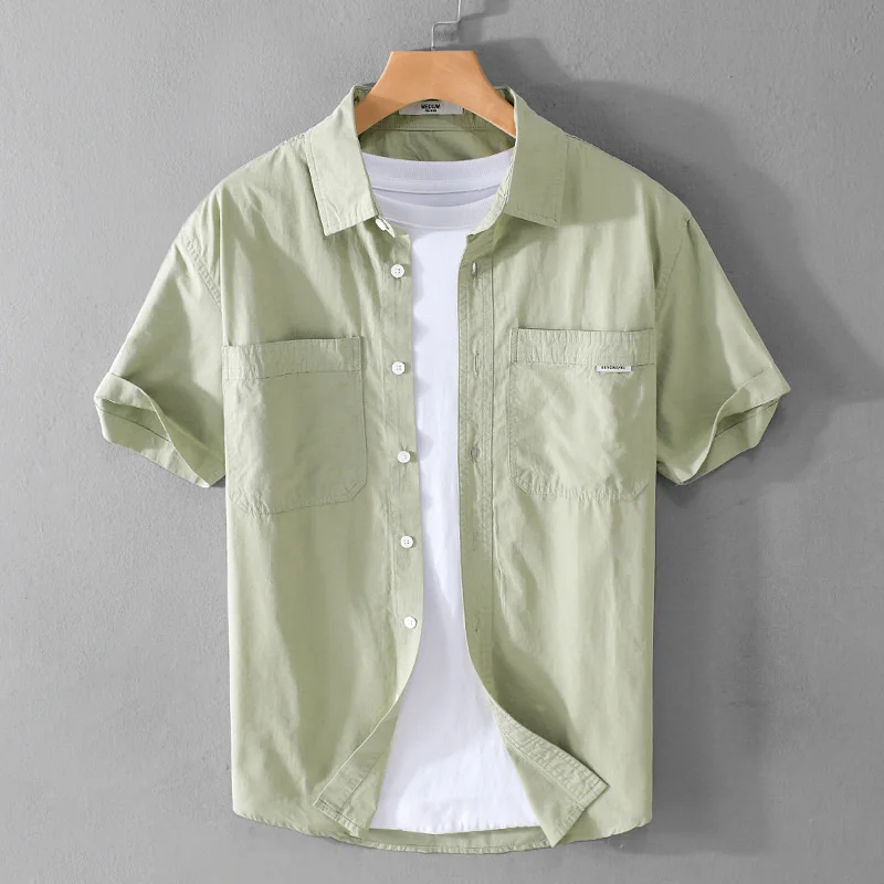 Summer Men's Casual Short Sleeve Comfortable Shirt 100% Cotton Sold Color Loose Simple Male Workwear Versatile Youth Fresh Shirt