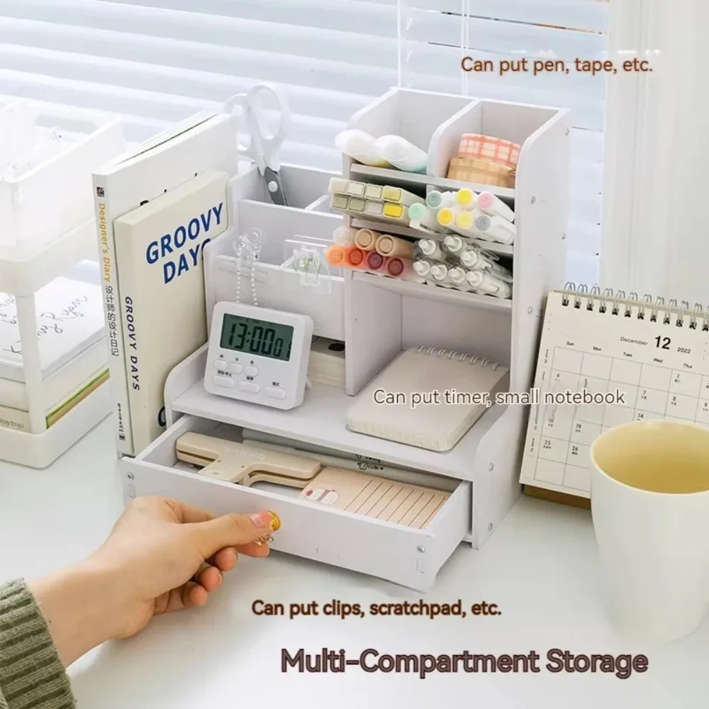 white desktop marker storage box with oblique insertion pen holder, minimalist office supplies stationery box