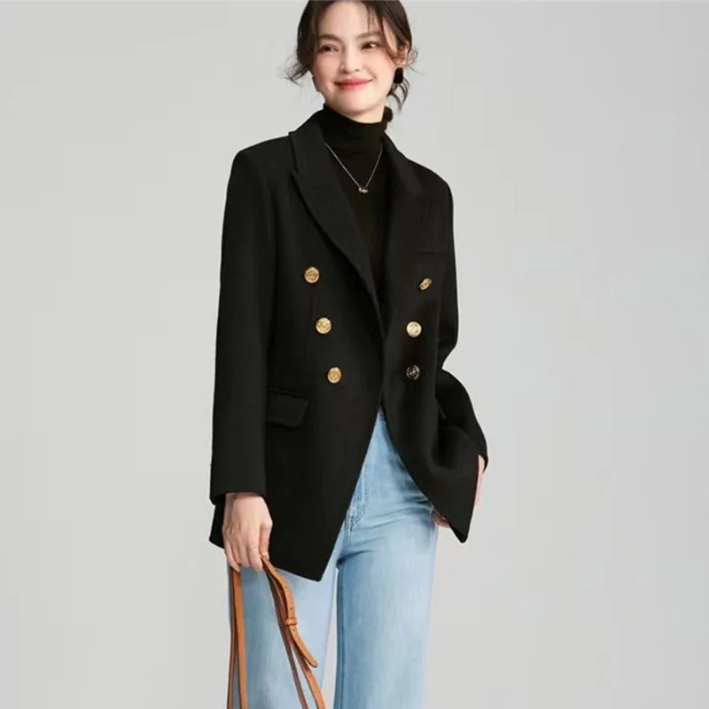 2023 New Office Lady Slim Double-sided 100% Wool Coat Short Feminine Double-breasted Lapel Suit Jacket Women Fashion Autumn Wint