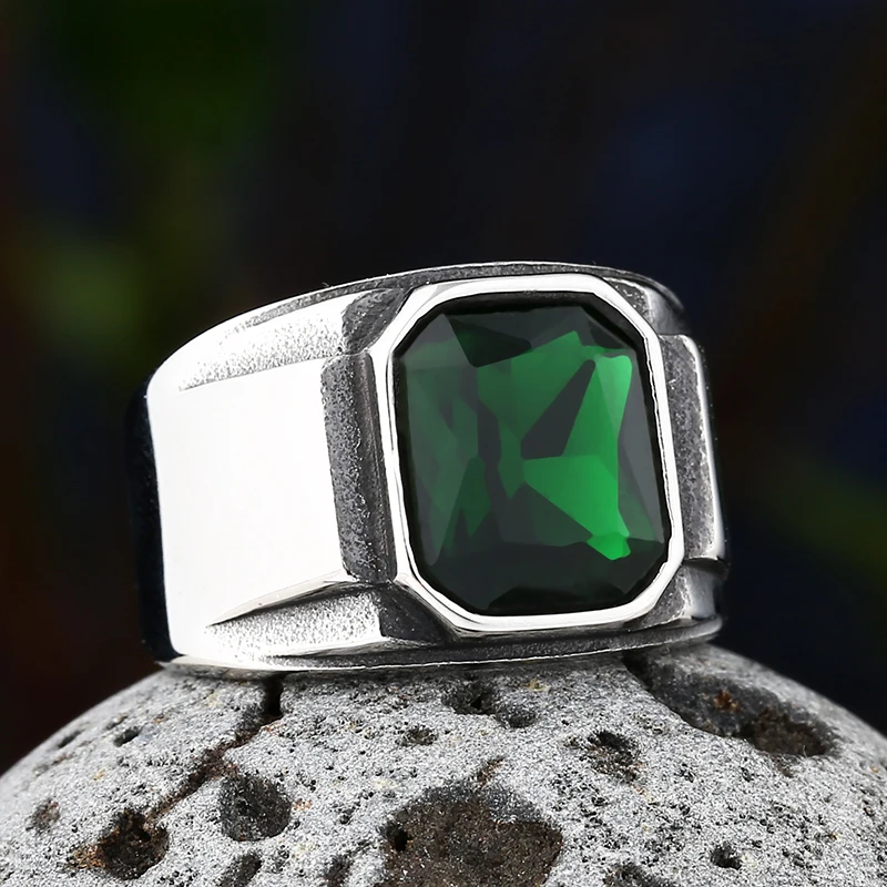 2023 New 316L Stainless Steel Men\'s Punk Rock Green&Blue Gem Stone Ring Gothic Style Biker Anel Fashion Wedding Charm Jewelry