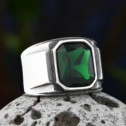 2023 New 316L Stainless Steel Men's Punk Rock Green&Blue Gem Stone Ring Gothic Style Biker Anel Fashion Wedding Charm Jewelry