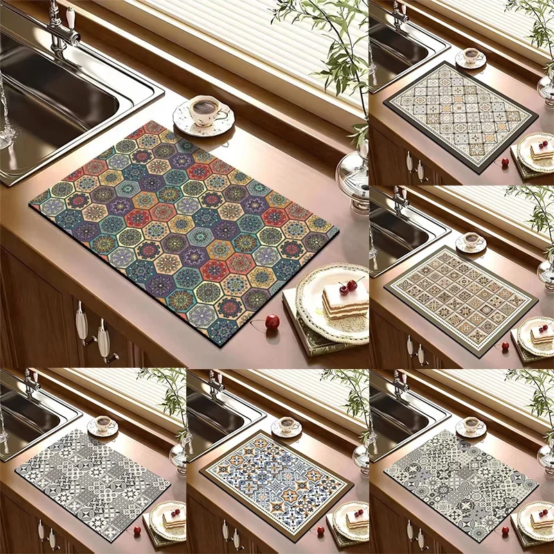 Vajilla súper absorbente de estilo bohemio Retro, estera para secar platos, botella de cocina, alfombra antideslizante, hervidor de lujo, vajilla, Bar, Counte