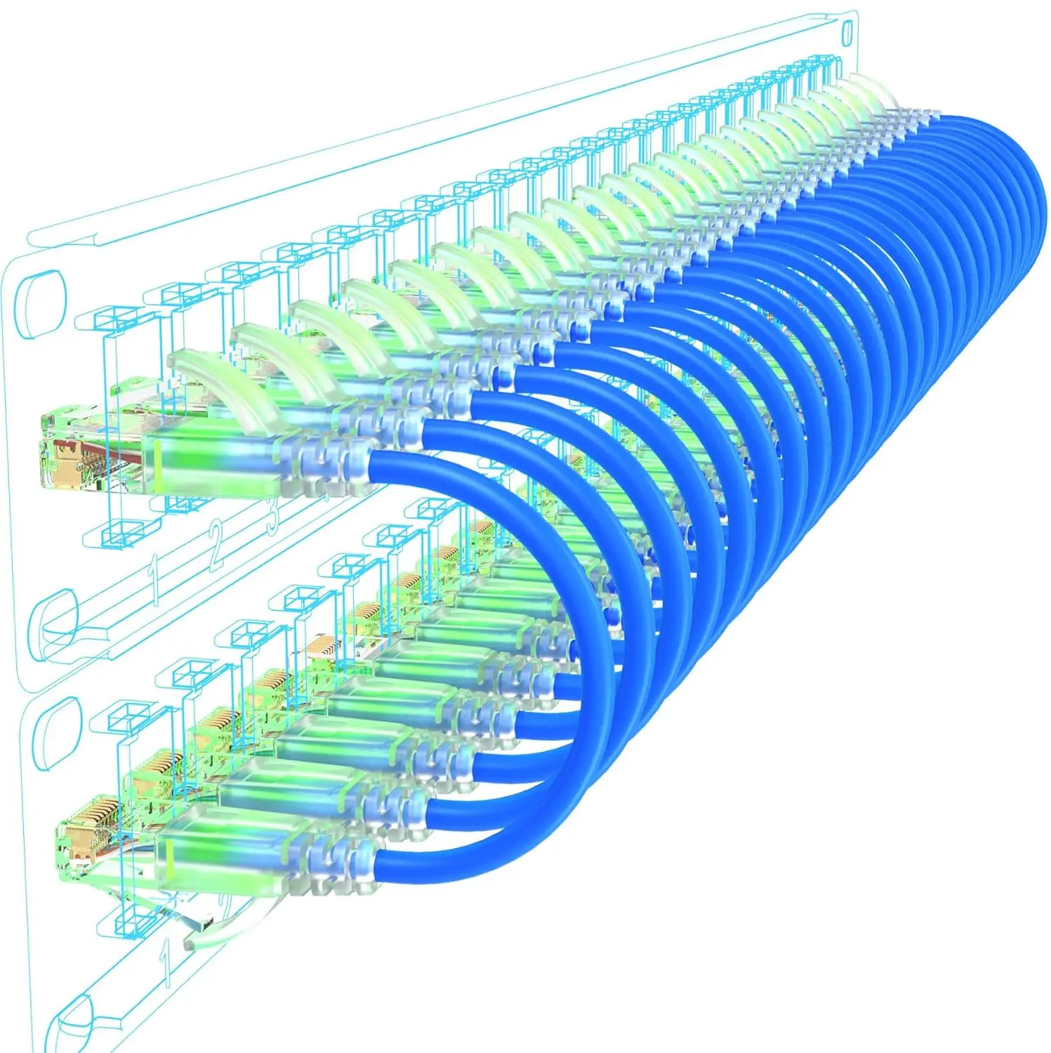 لوحة تصحيح 48 منفذ Cat6 مع كابلات توصيل Keystone وCat6a رفيعة بطول 1 قدم (24 عبوة) أزرق · مبيعات المصنع مباشرة