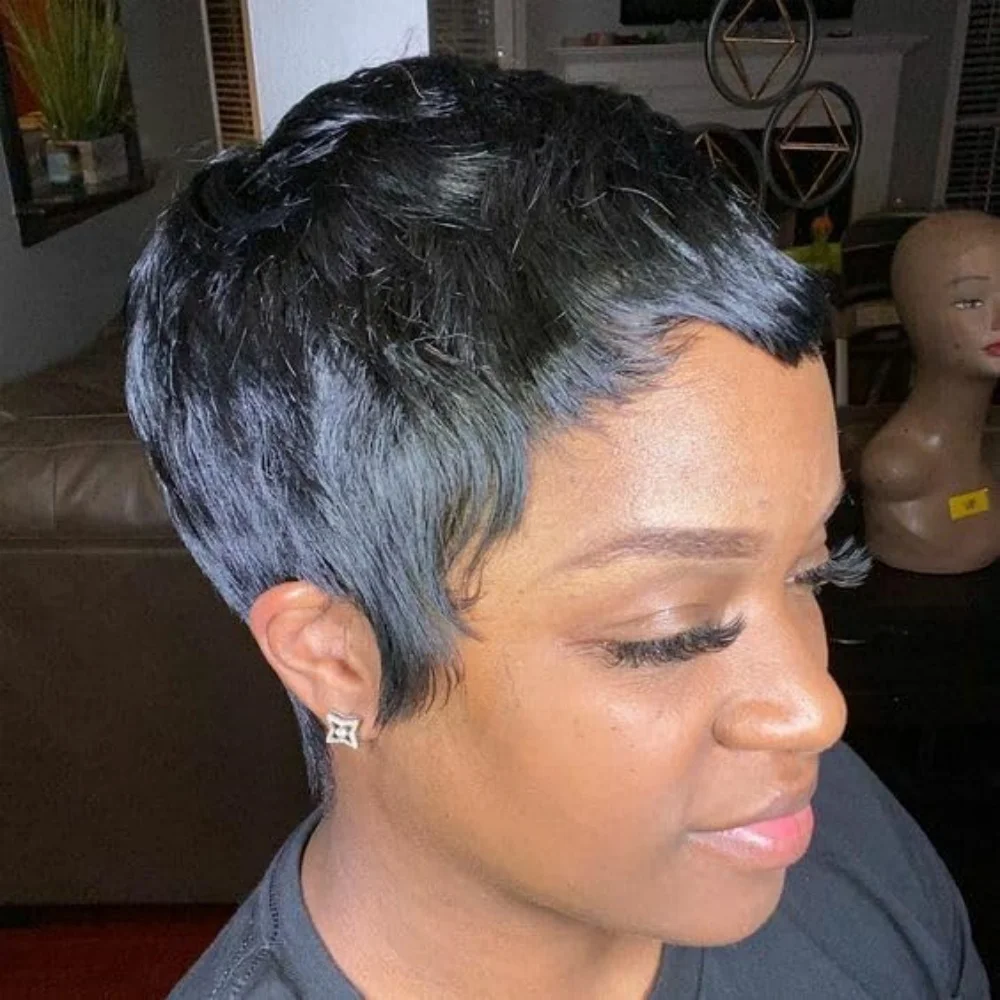 여성용 숏 픽시컷 가발, 150% 밀도 버진 생인모, 전체 기계식 제작, 데일리 착용 가능한 앞머리 있는 숏 레이어드 가발