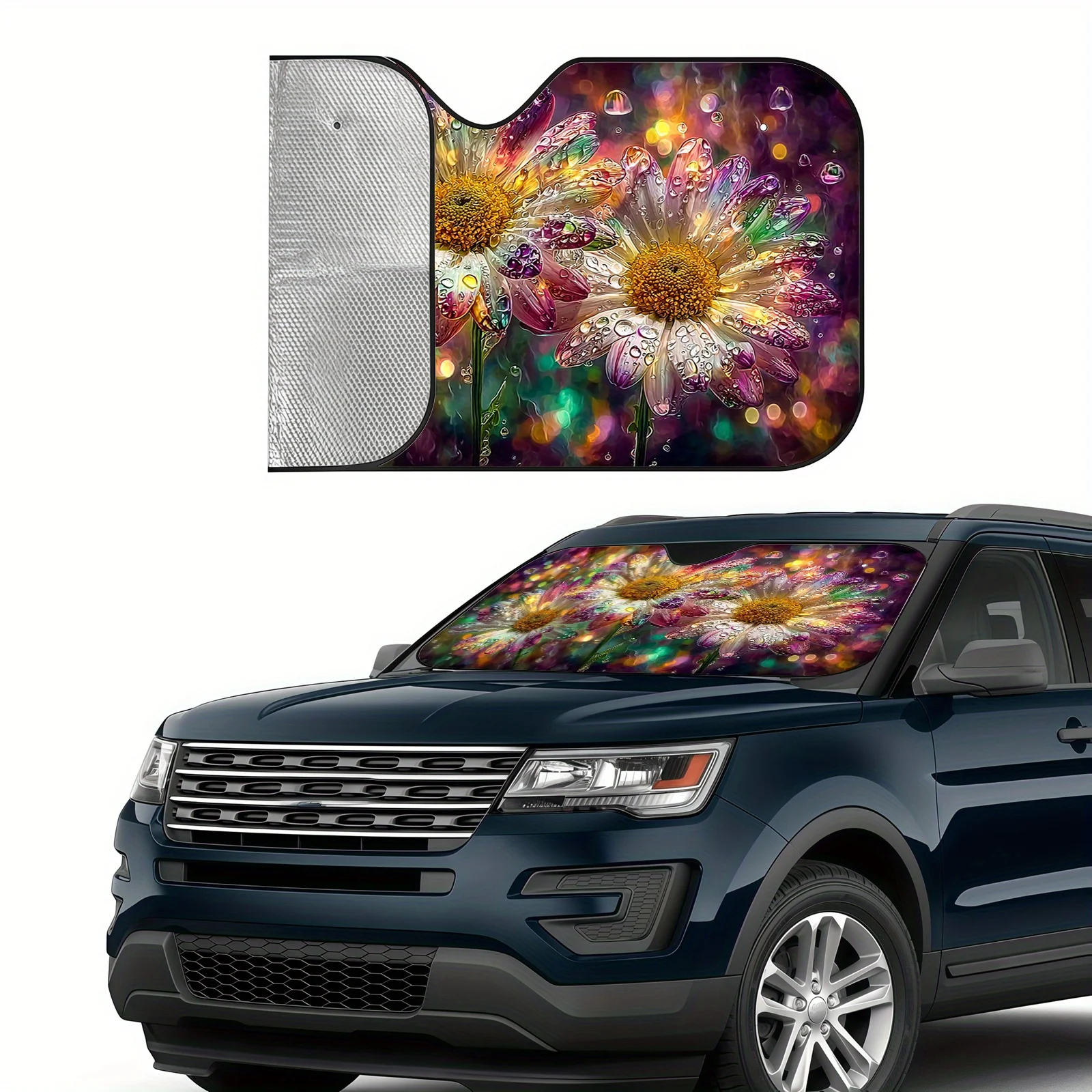 Colorful Daisy Car Sunshade, Dreamy Water Drop Daisy Pattern, Heat Insulation And Sun Protection, Maintains Interior Temperature