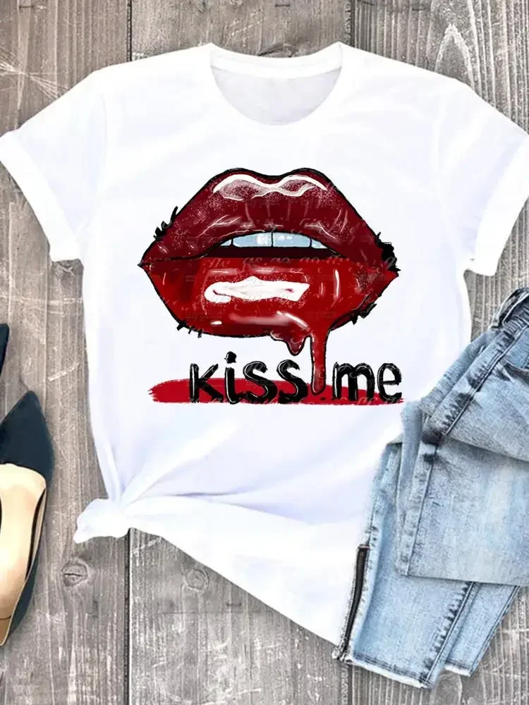 Summer Kiss me love you  t shirts sweet Fashion Women Tee T-shirts Casual Short Sleeve Regular Female Graphic T Shirt Clothes