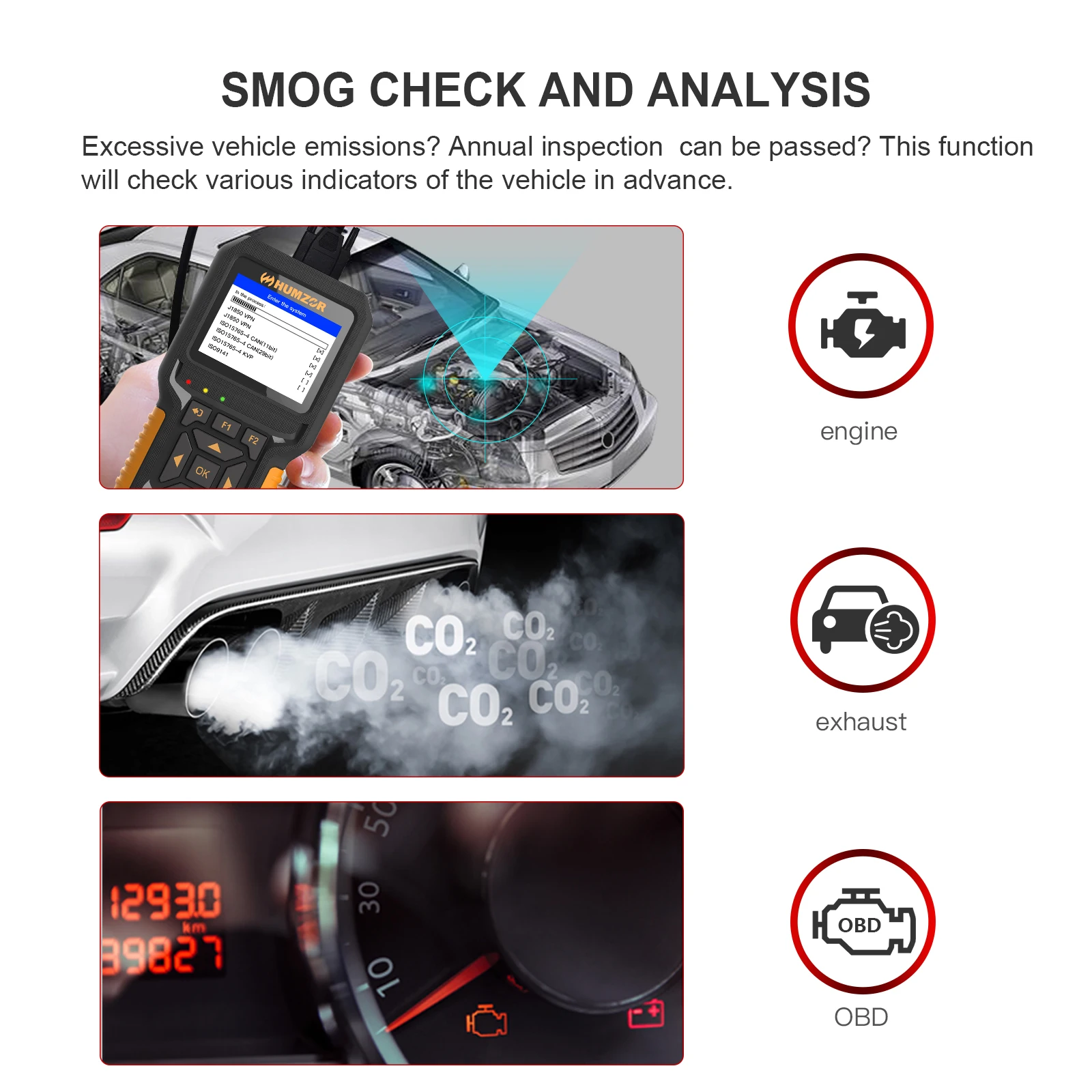 HUMZOR NexzCheck NC601 12V 24V Gasoline and Diesel OBD2 Code Scanner I/M Readiness, Smog Check, Fuel Analysis, Battery Test