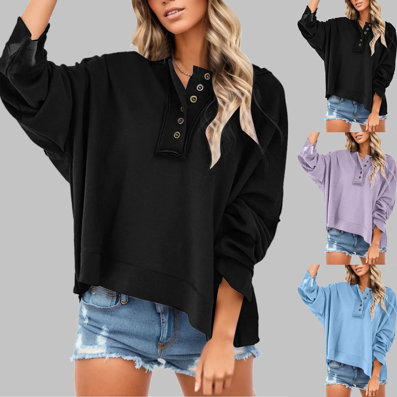 

Womens Pullover Sweater Womens Spring And Autumn Solid Button Loose Fashion Hooded Top Sweatshirt Sweatshirt Women Trendy