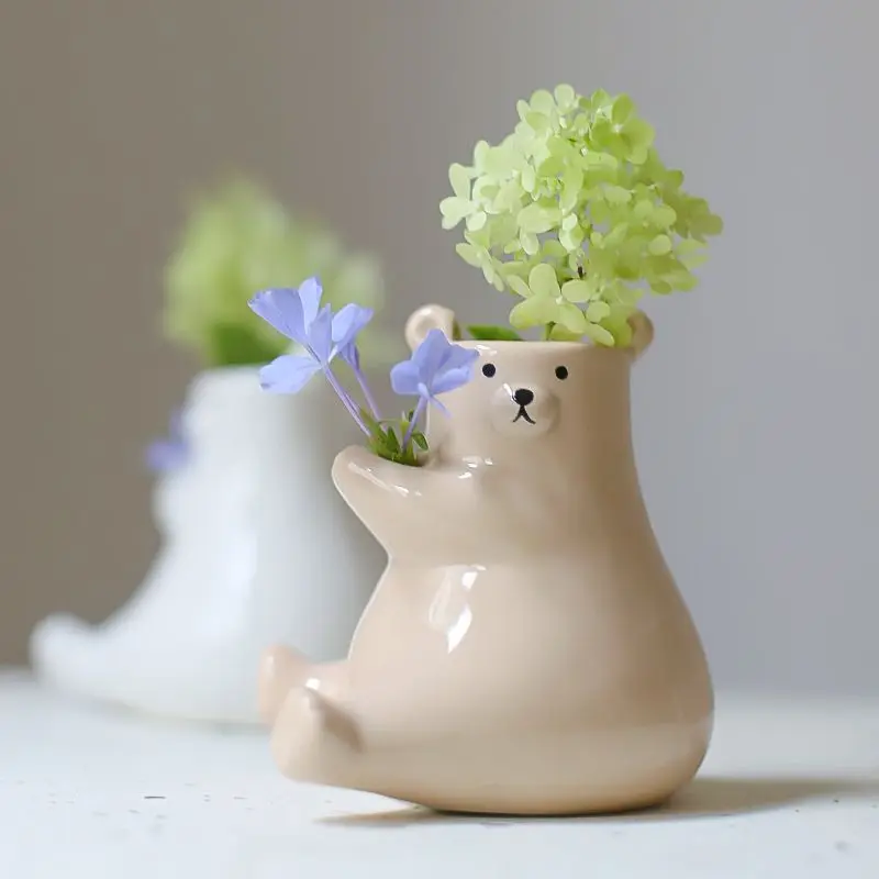 Creative Ceramic Mini Flowerpot, Cartoon Heart-shaped Teddy Bear Hydroponic Vase, Desktop Display Potted Plant Decoration Gift