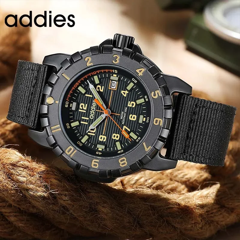 ADDIES Men Military Outdoor Quartz Watch, 25cm Nylon Strap, 50M Water Resistance, Luminous Tube Display With Auto Date