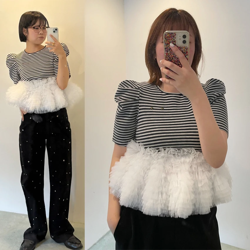 Women's Bubble Sleeve Striped Short Sleeve T-Shirt Cotton Heavy Embroidery Gentle Style Standard Fit Business Wear Summer Top