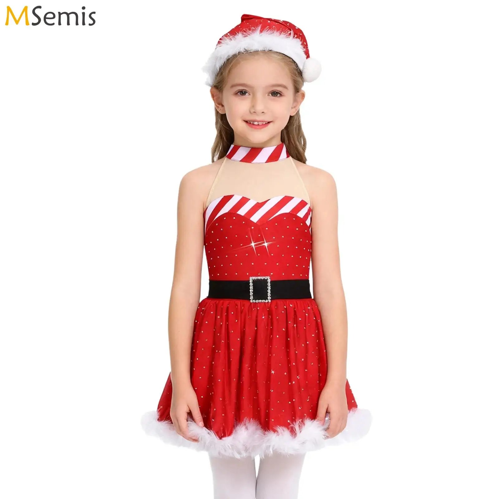 

Детское платье-пачка в полоску с блестками для девочек, танцевальное трико, балетное платье для катания на коньках со шляпой для карнавала, рождественской вечеринки, костюм конфетной трости