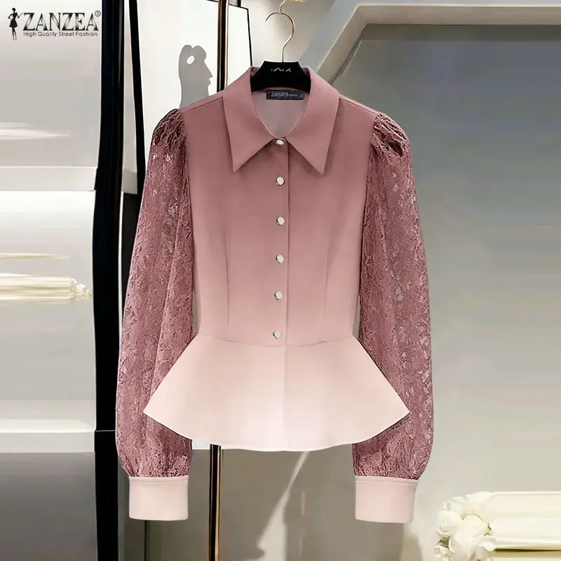 

ZANZEA Fashion Women Lace Shirts Gradient Print Blouse 2026 Spring Autumn Long Sleeve Casual Elegant Office Lady Tops Tunic OL
