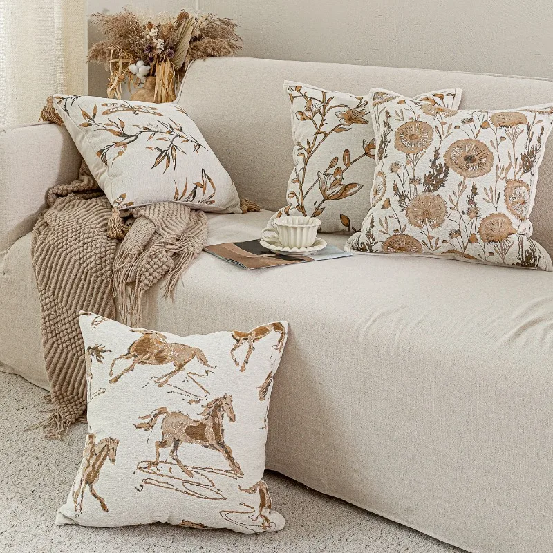 French Luxury Chenille Jacquard Cushion Cover Neutral Beige Plant Geometric Soft Textured Throw Pillow Cover Home Decor for Sofa