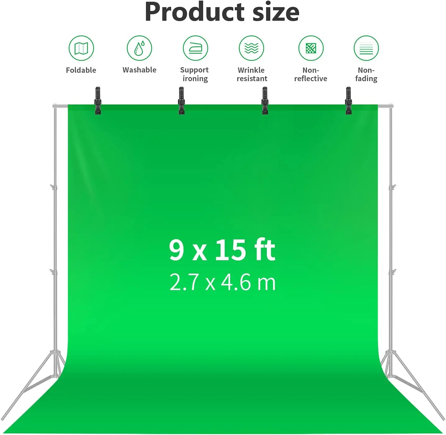 Neewer 9x15ft/2.7x4.6m Green Chromakey Polyester Backdrop Background Screen with 3 Clamps for Photo Video Studio Photography