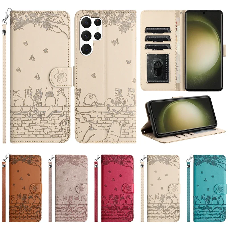 For Samsung Galaxy S24 S23 S22 Plus S21 Ultra S20 FE A05S A12 A13 A14 A34 A51 A54 A71 Wallet Cat Embossed Flip Over Leather Case