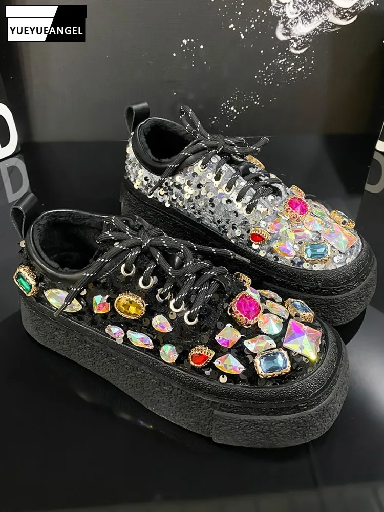 Fashion Women Shiny Diamonds Thick Platform Pumps Lace Up Low Cut Winter Warm Fleece Lining Casual Shoes Skateboard Sneakers