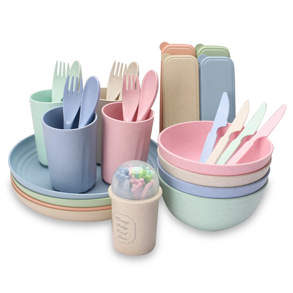 29pcs Reusable Cutlery Set Non-slip Wear-resistant Household Wheat Straw Bowl Cup Plate Knife Fork Spoon Tableware