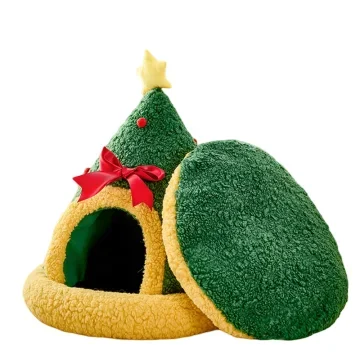 Cute Christmas tree cat litter, warm in winter, universal cat house in all seasons,closed velvet thickened cat house,tent house