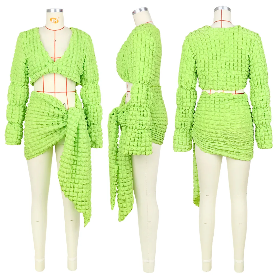 Elegant Ruched Puffy Two Piece Sets Women Solid V Neck Long Sleeve Crop Top Lace Up Mini Skirts Sexy Outfit Y2k Party Club Suit
