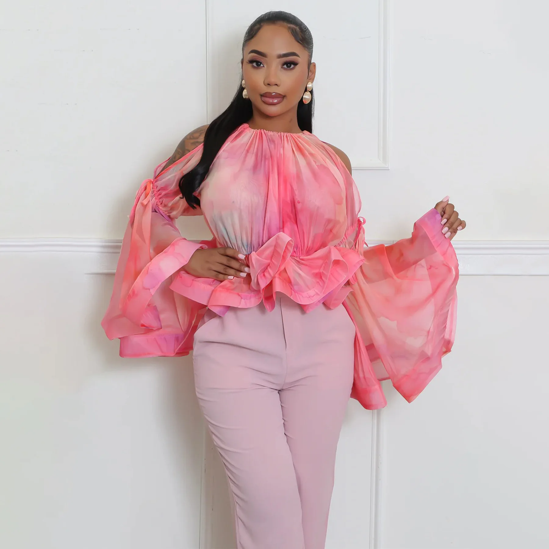 

Sexy Off Shoulder Mesh Floral Blouse with Flare Sleeves Elegant Sheer Tops Garden Party Summer Outfits for Women Chic Style