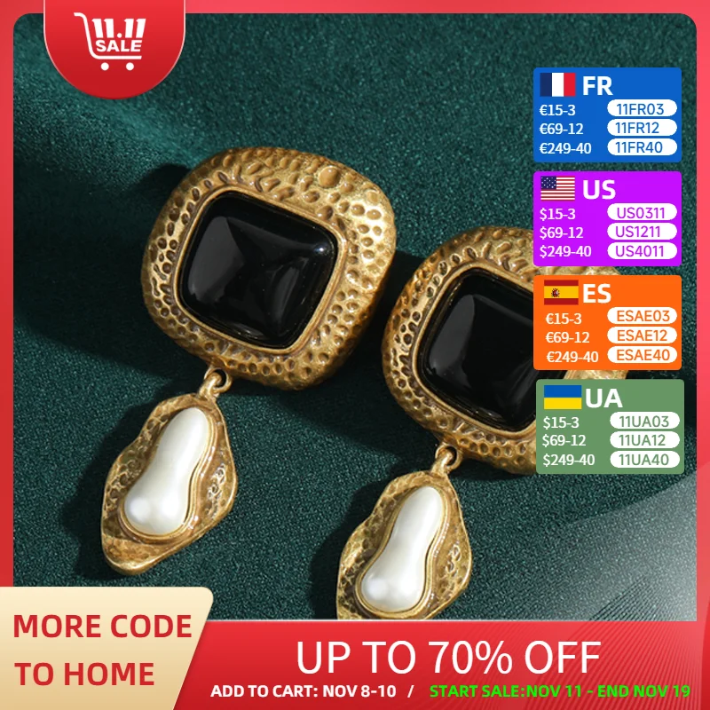 

Vintage Black Agate Drop Earring Gold Color Pearl Peanut Large Jewelry Quality Luxury Designer Gifts For Women Halloween Party